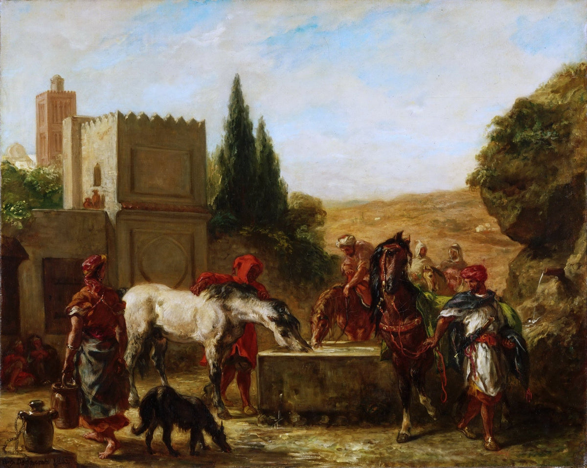 People Oil Painting - Horses at Fountain with Figures Scene - Oil Painting Haven