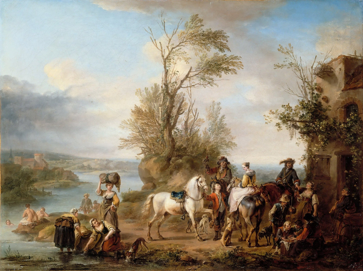 People Oil Painting - Hunters and Travelers by a Riverside Village - Oil Painting Haven