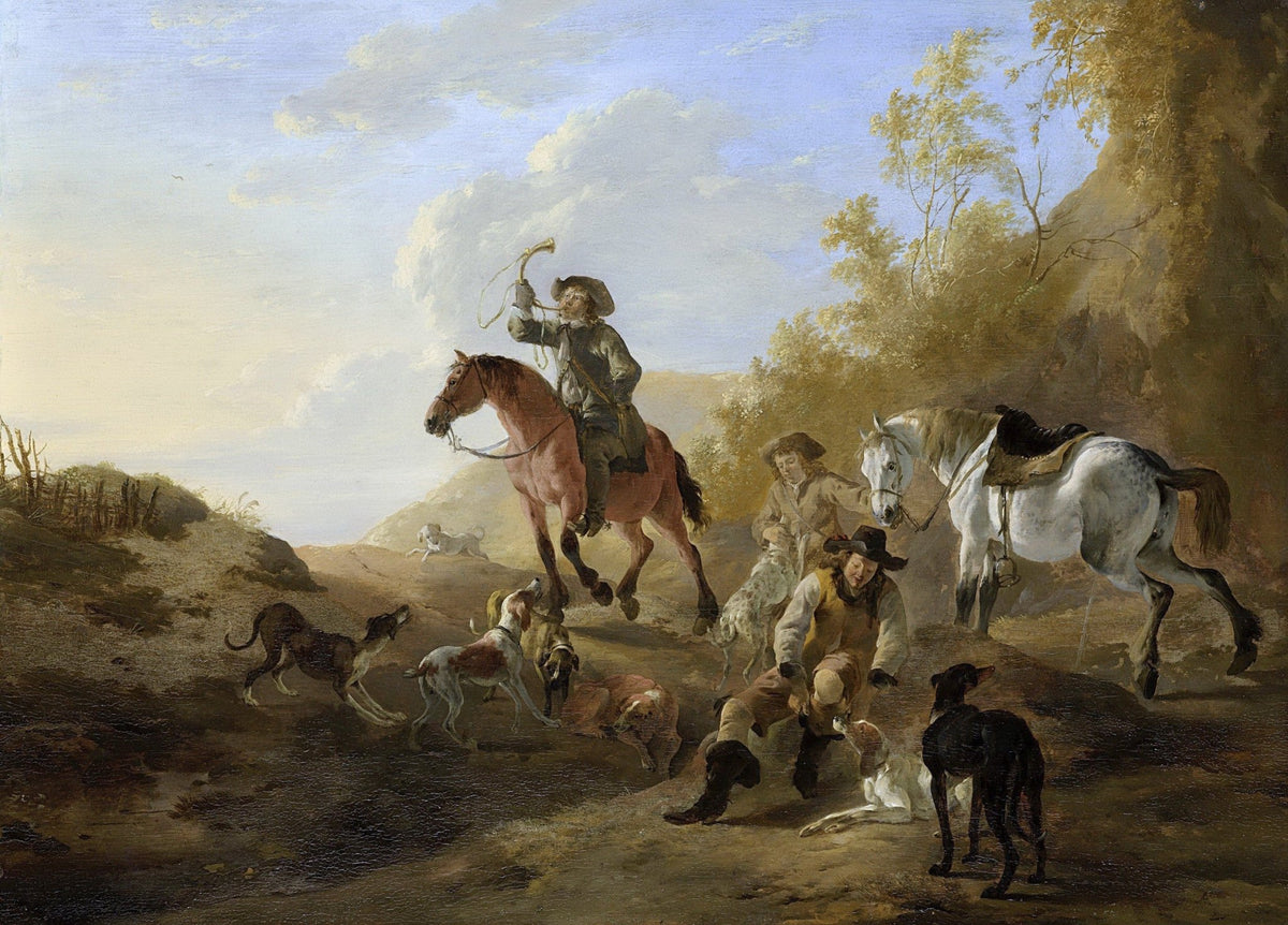 People Oil Painting - Hunters with Horses and Dogs Scene - Oil Painting Haven
