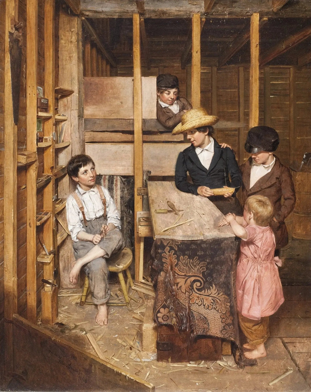 People Oil Painting - Indoor Scene with Children in Workshop - Oil Painting Haven
