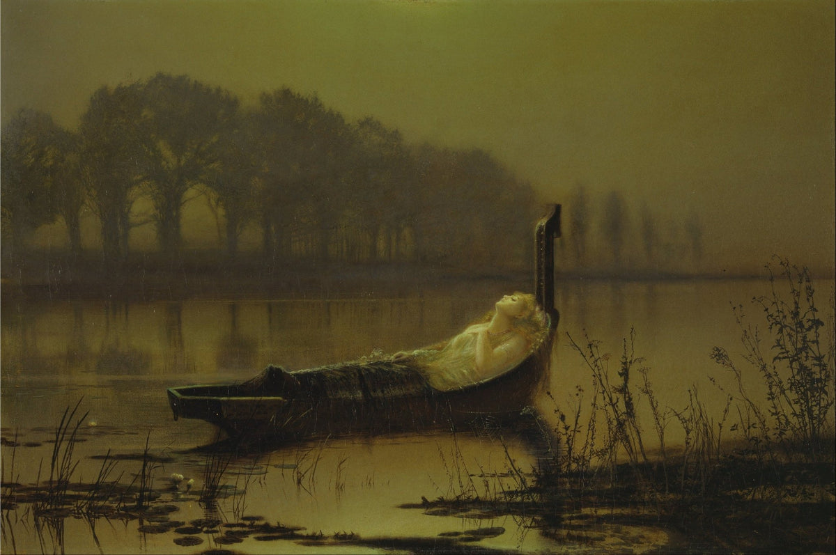 People Oil Painting - Lady in Boat on Misty Lake Scene - Oil Painting Haven
