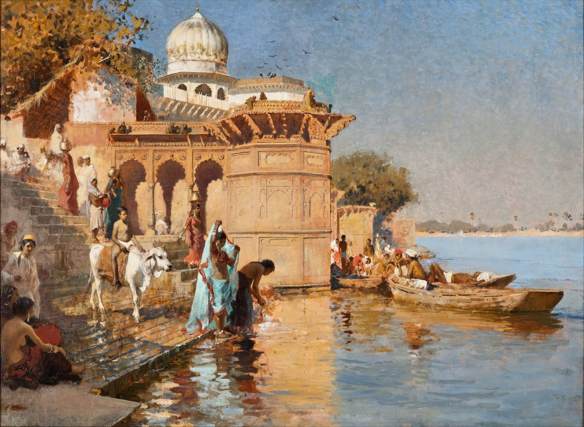 People Oil Painting - Life Along River Ghats India Scene - Oil Painting Haven