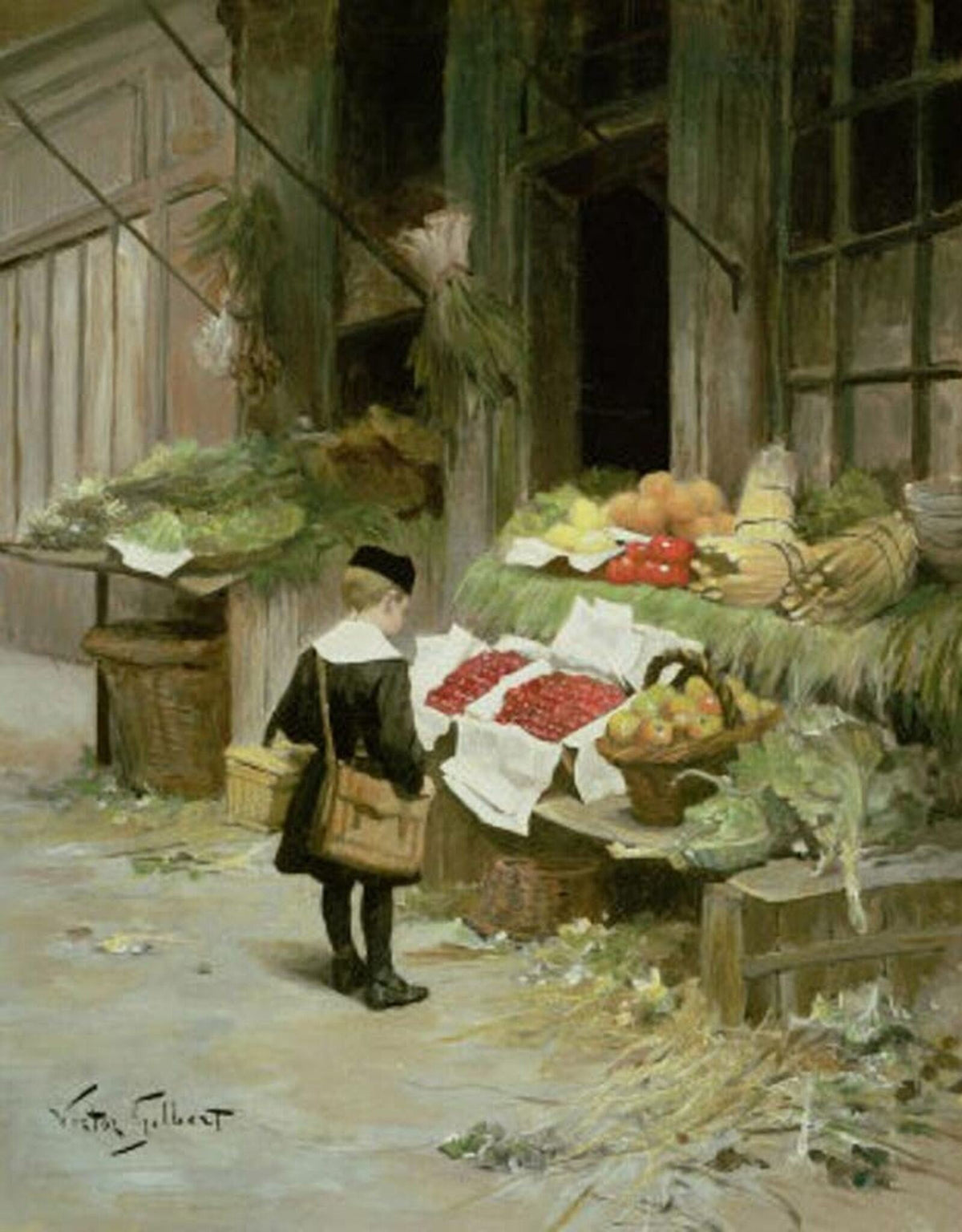 People Oil Painting - Little Boy at Market Fruit Stall Scene - Oil Painting Haven