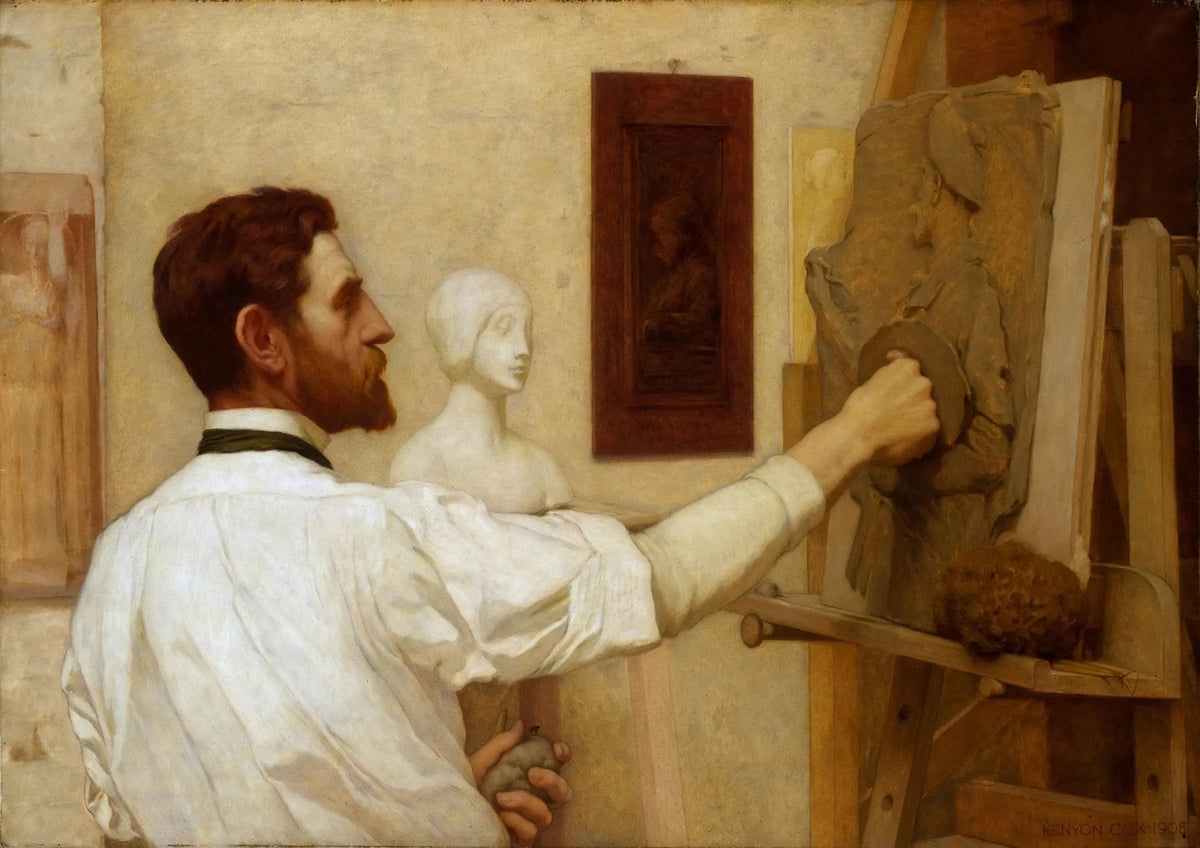 People Oil Painting - Man Working on Sculpture in Studio - Oil Painting Haven