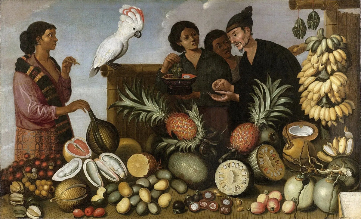 People Oil Painting - Market Scene with Exotic Fruits and Parrot - Oil Painting Haven