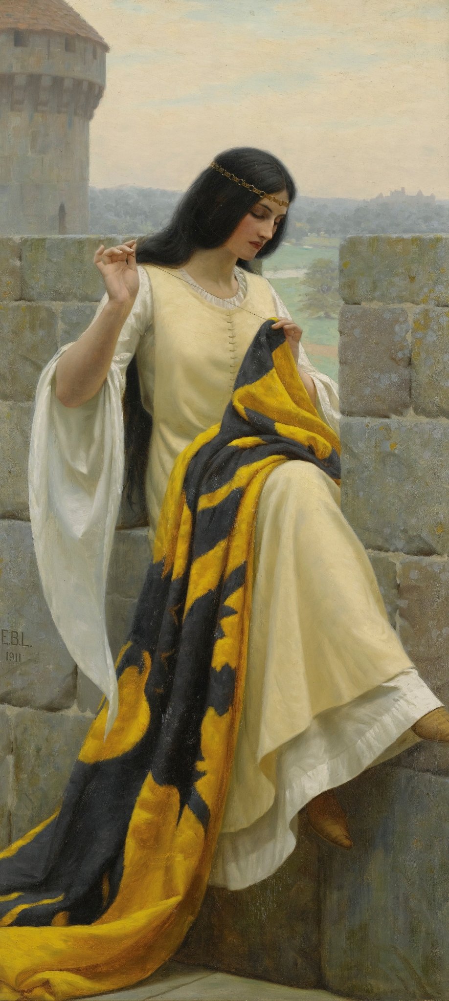 People Oil Painting - Medieval Lady Sewing by Castle Wall - Oil Painting Haven