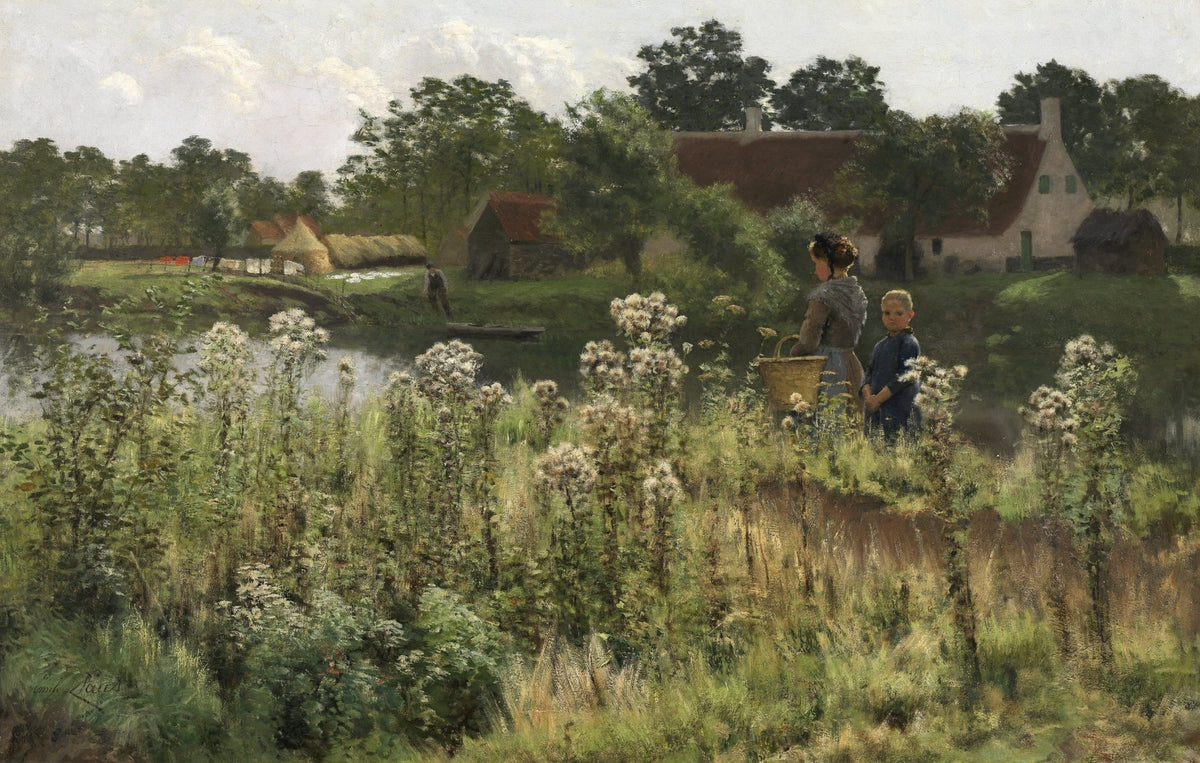 People Oil Painting - Mother and Child by Riverside Village - Oil Painting Haven