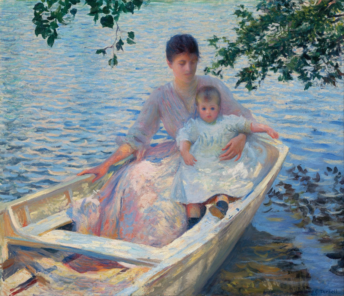 People Oil Painting - Mother and Child in Boat by Lake - Oil Painting Haven