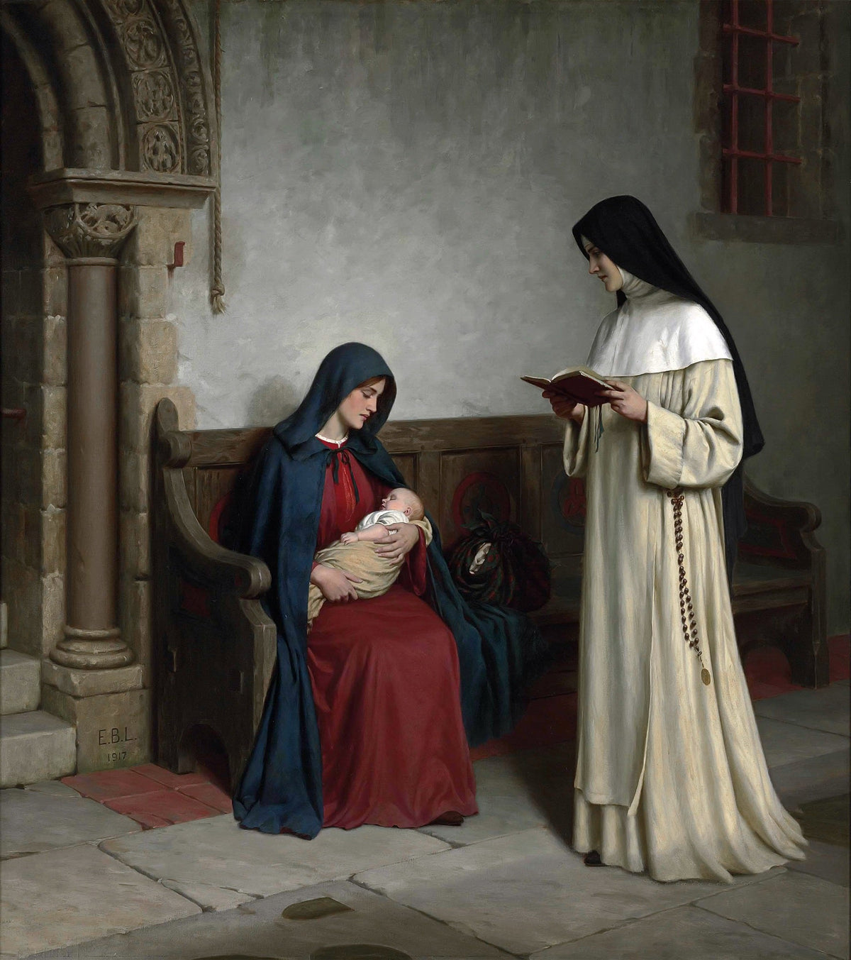 People Oil Painting - Mother and Child with Nun Interior Scene - Oil Painting Haven