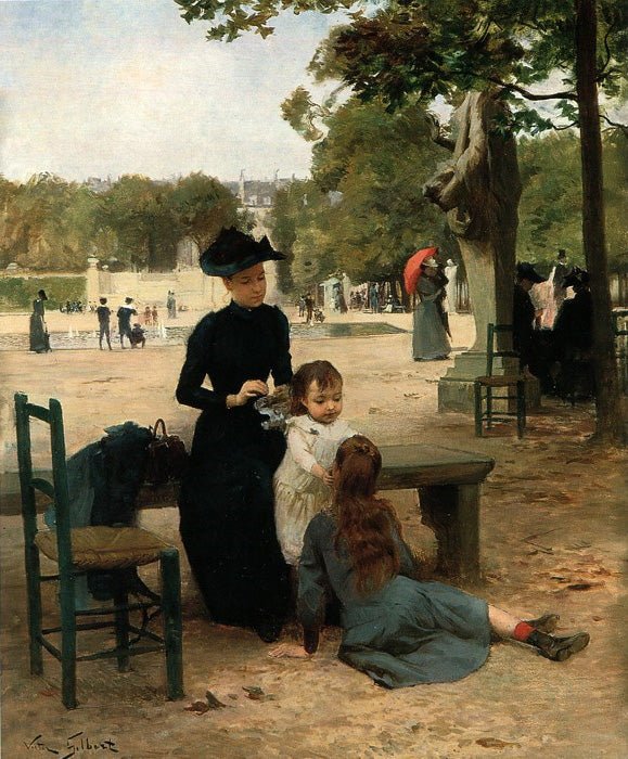 People Oil Painting - Mother and Children in Paris Park - Oil Painting Haven