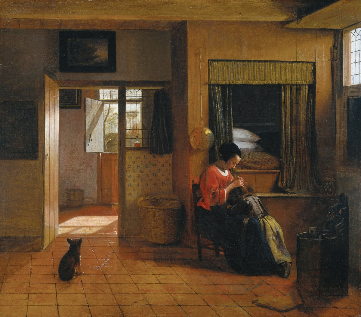 People Oil Painting - Mother Grooming Child in Warm Interior - Oil Painting Haven