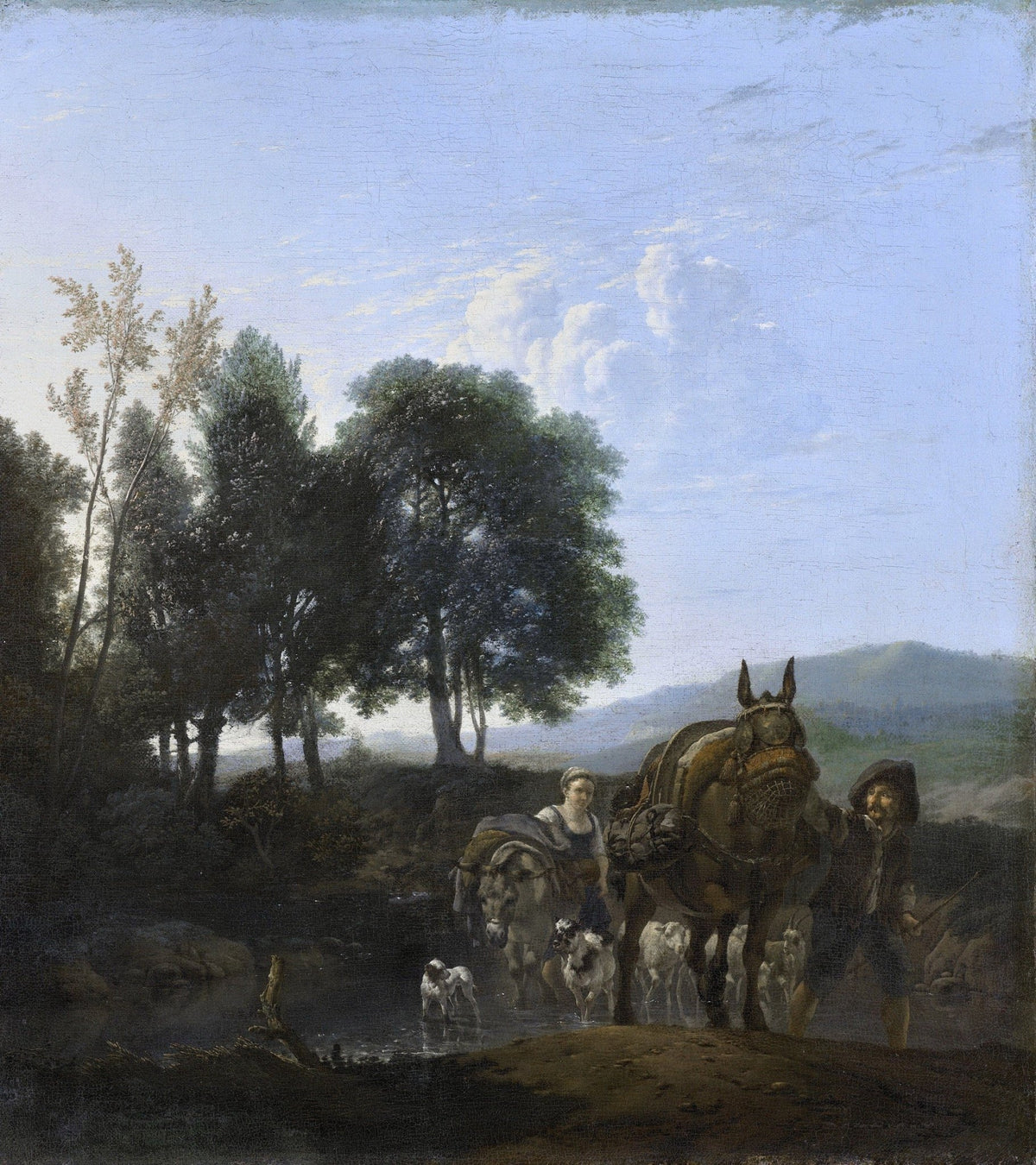 People Oil Painting - Mule Driver Crossing River Landscape - Oil Painting Haven