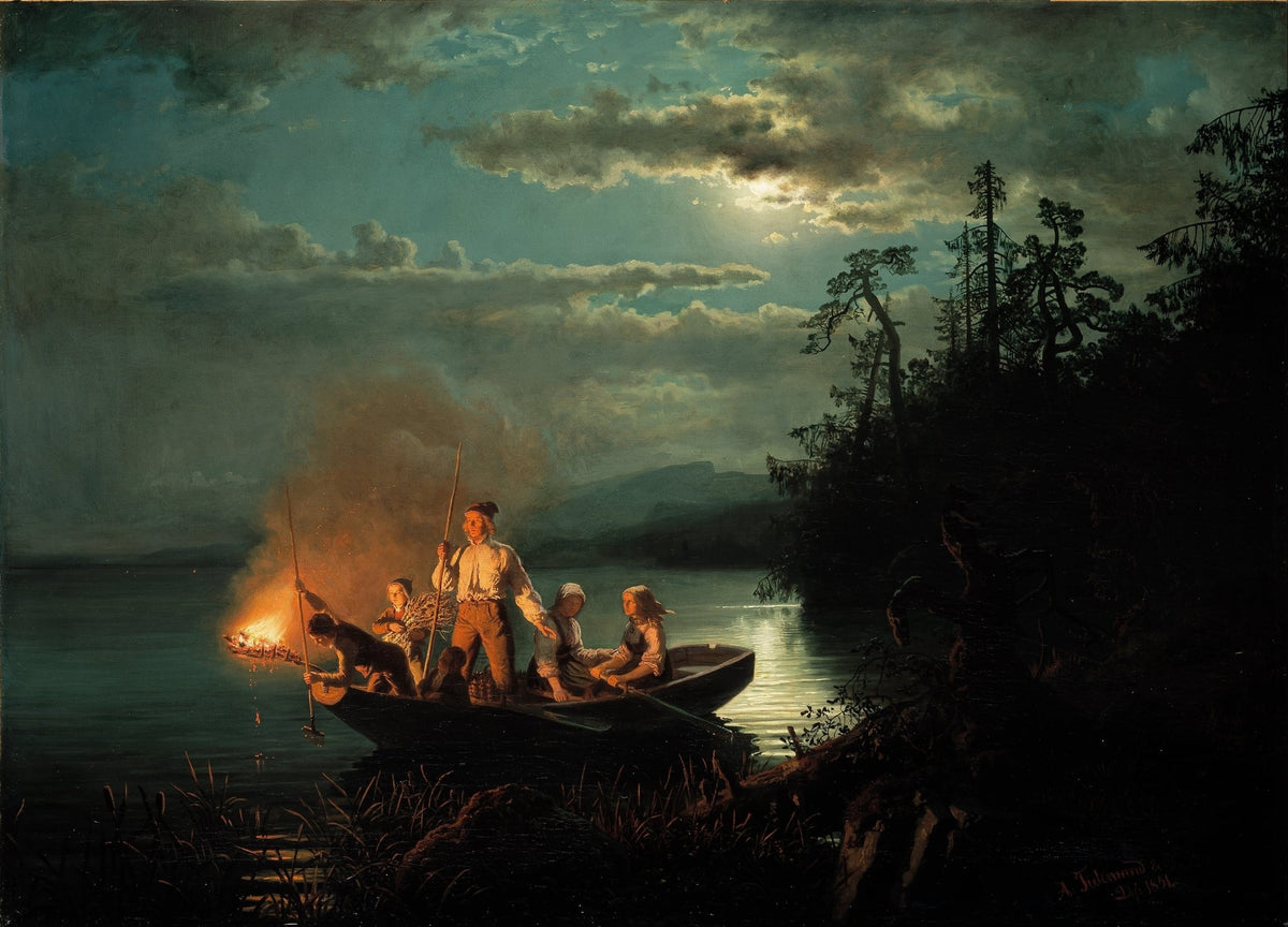 People Oil Painting - Night Fishing by Boat Landscape Scene - Oil Painting Haven