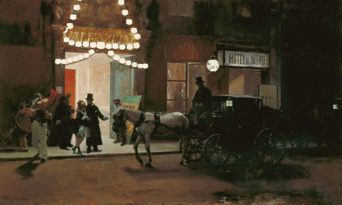 People Oil Painting - Night Street Scene with Carriage - Oil Painting Haven