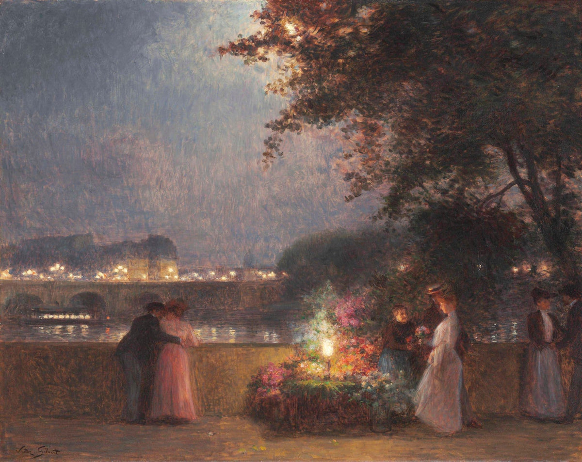 People Oil Painting - Paris Evening Flower Market by River - Oil Painting Haven