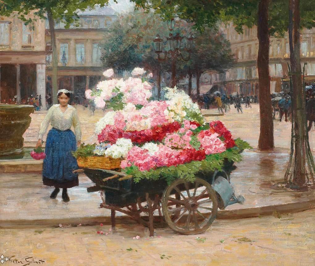 People Oil Painting - Paris Flower Market Street Scene - Oil Painting Haven