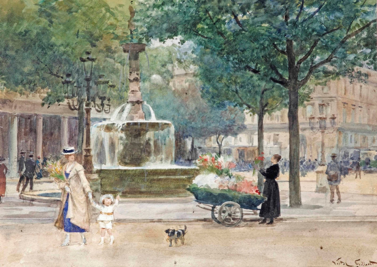 People Oil Painting - Paris Fountain Flower Market Scene - Oil Painting Haven