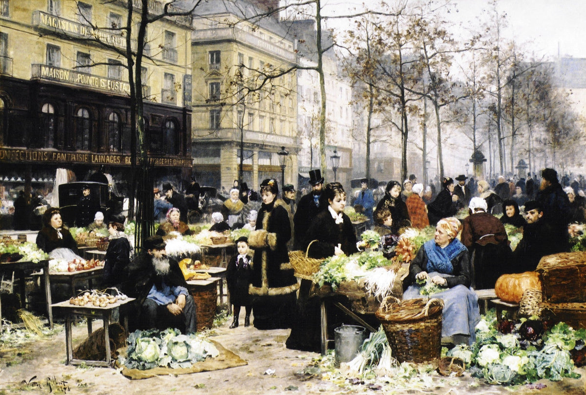 People Oil Painting - Paris Market Scene with Street Figures - Oil Painting Haven