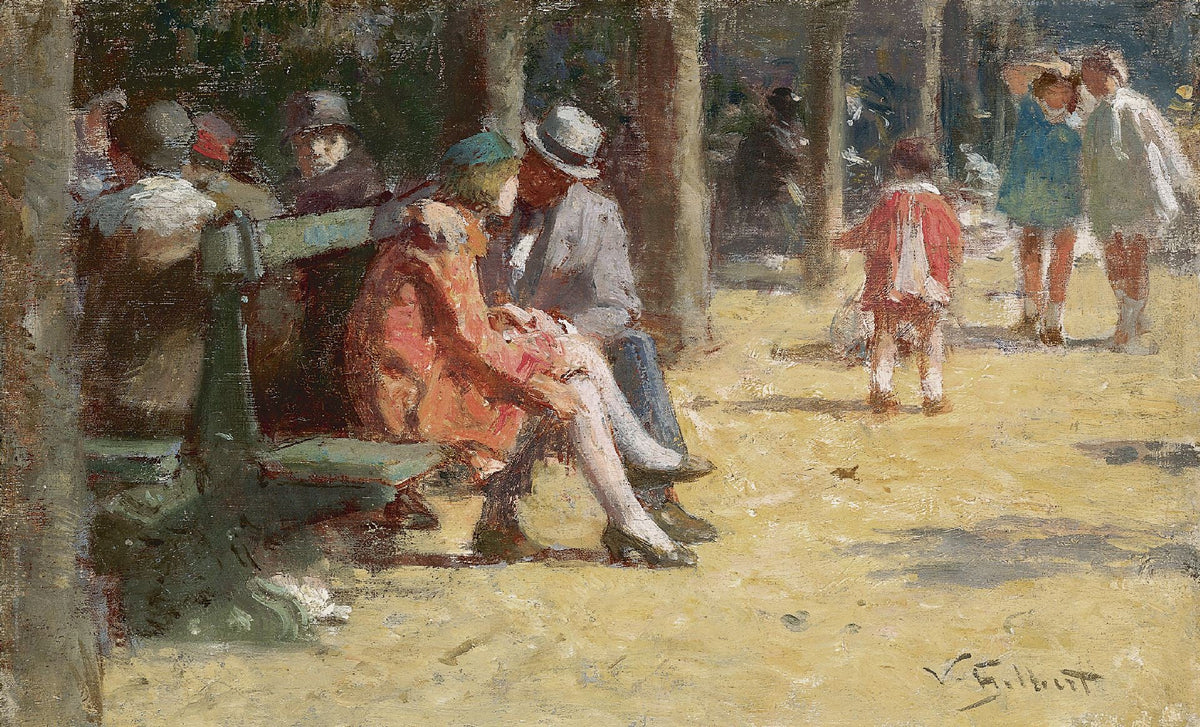 People Oil Painting - Paris Park Couple on Bench Scene - Oil Painting Haven