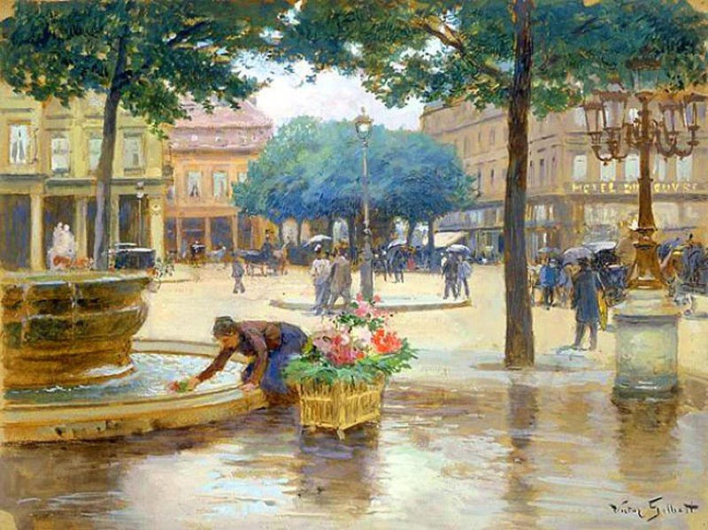 People Oil Painting - Paris Rainy Day Square Scene - Oil Painting Haven