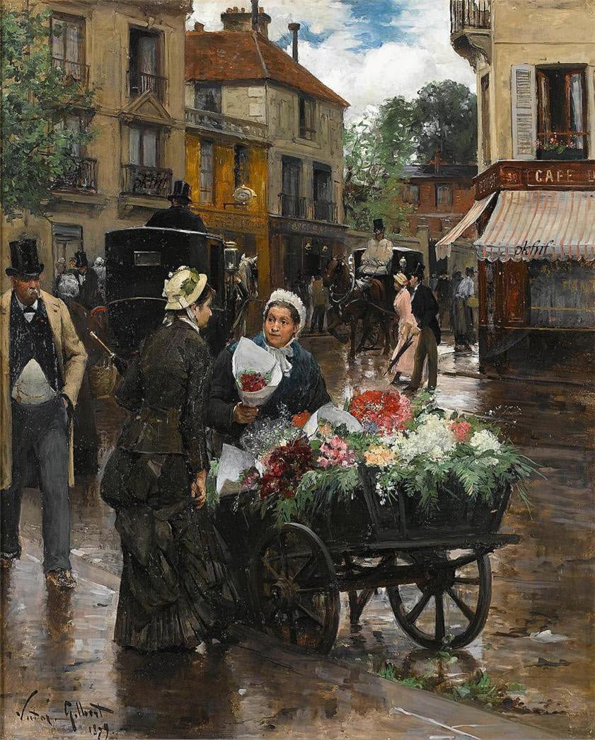 People Oil Painting - Paris Street Flower Vendor Scene - Oil Painting Haven