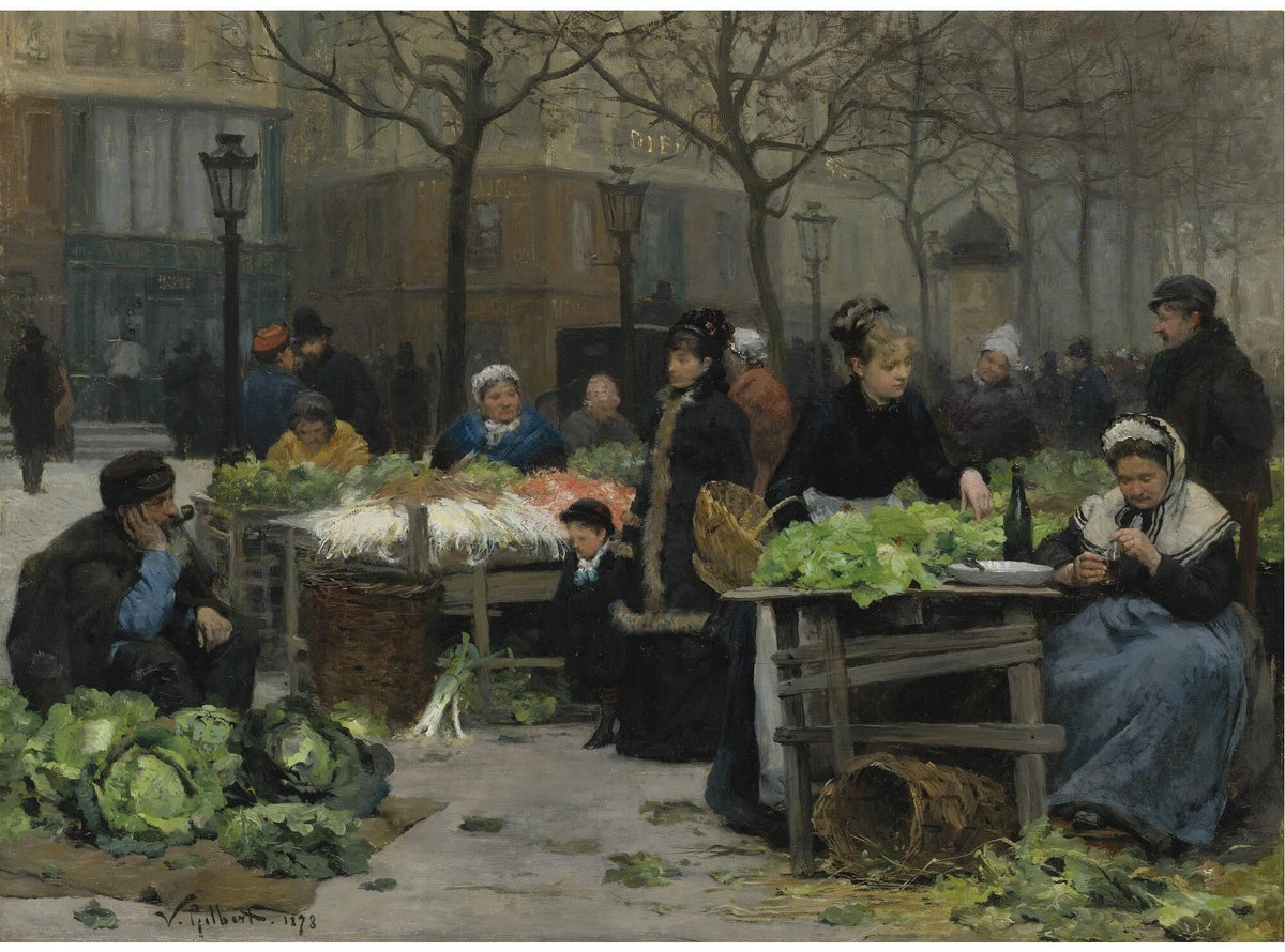 People Oil Painting - Paris Street Market Vegetable Scene - Oil Painting Haven