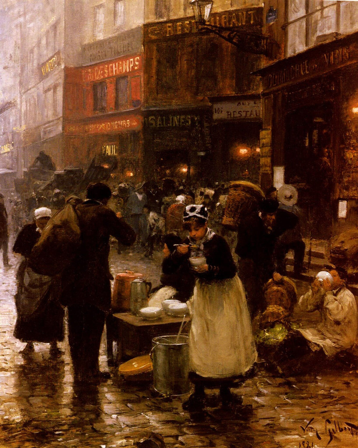 People Oil Painting - Paris Street Scene with Market Figures - Oil Painting Haven
