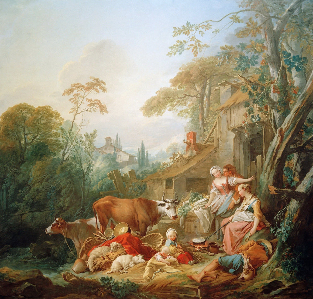 People Oil Painting - Pastoral Family Scene with Cattle - Oil Painting Haven