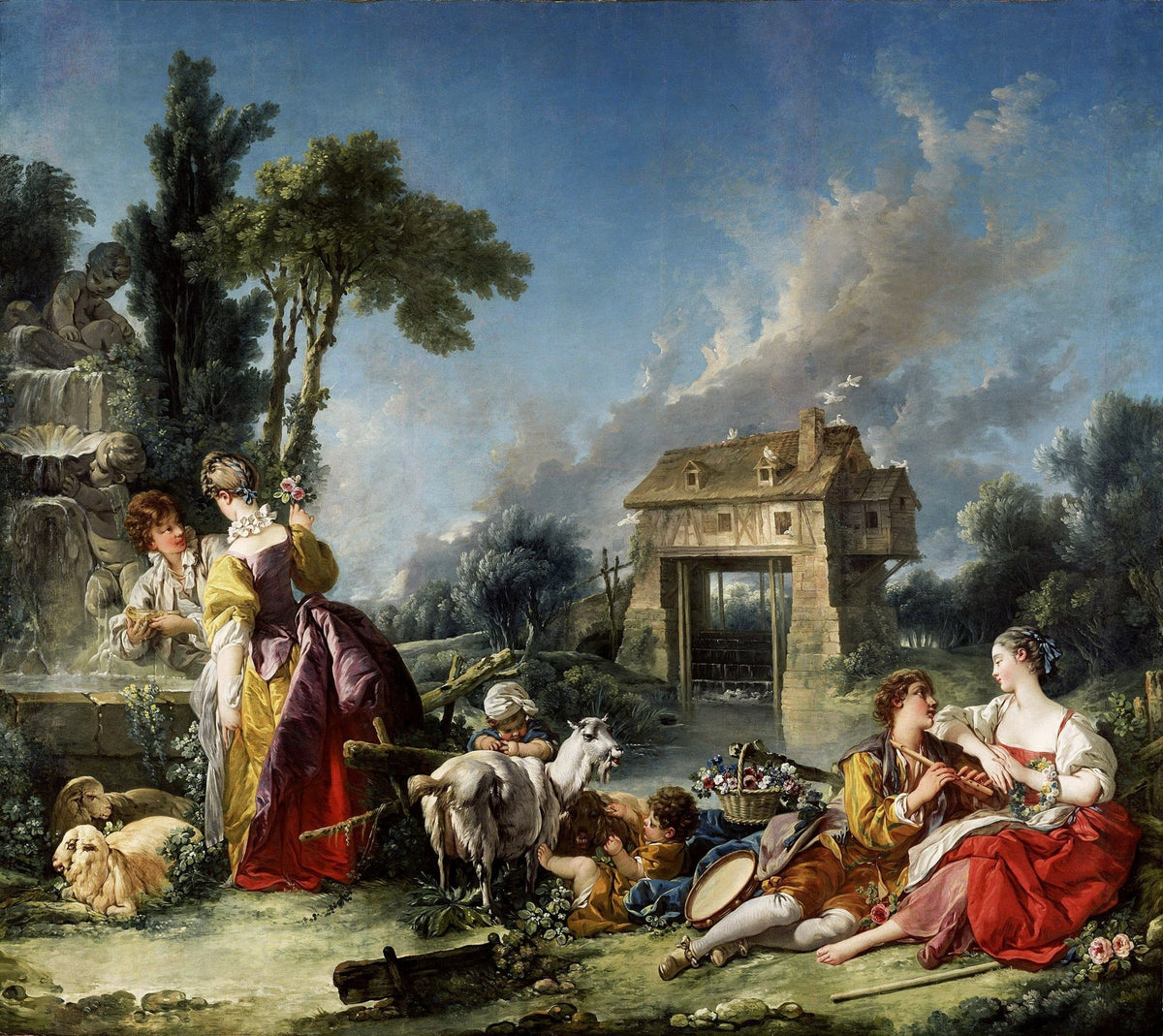 People Oil Painting - Pastoral Lovers with Sheep and Cottage - Oil Painting Haven