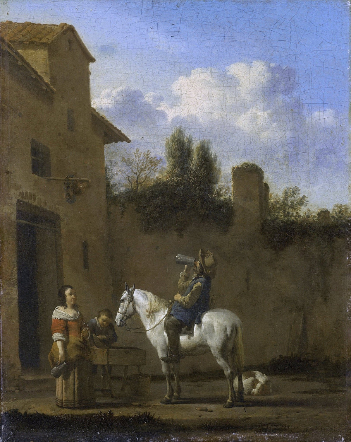 People Oil Painting - Rider Drinking on Horse Rustic Scene - Oil Painting Haven