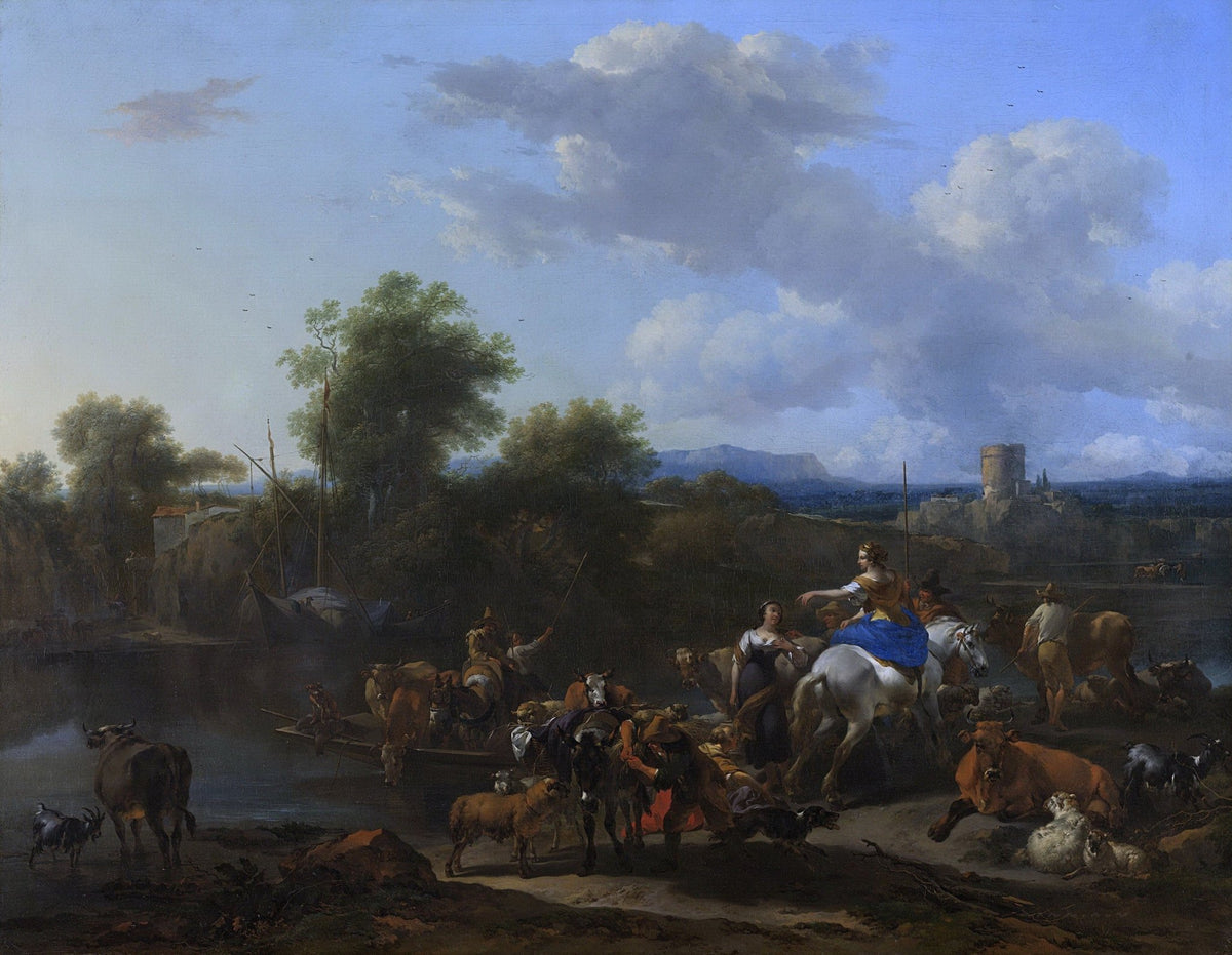 People Oil Painting - Riders and Herd Crossing a Quiet River - Oil Painting Haven