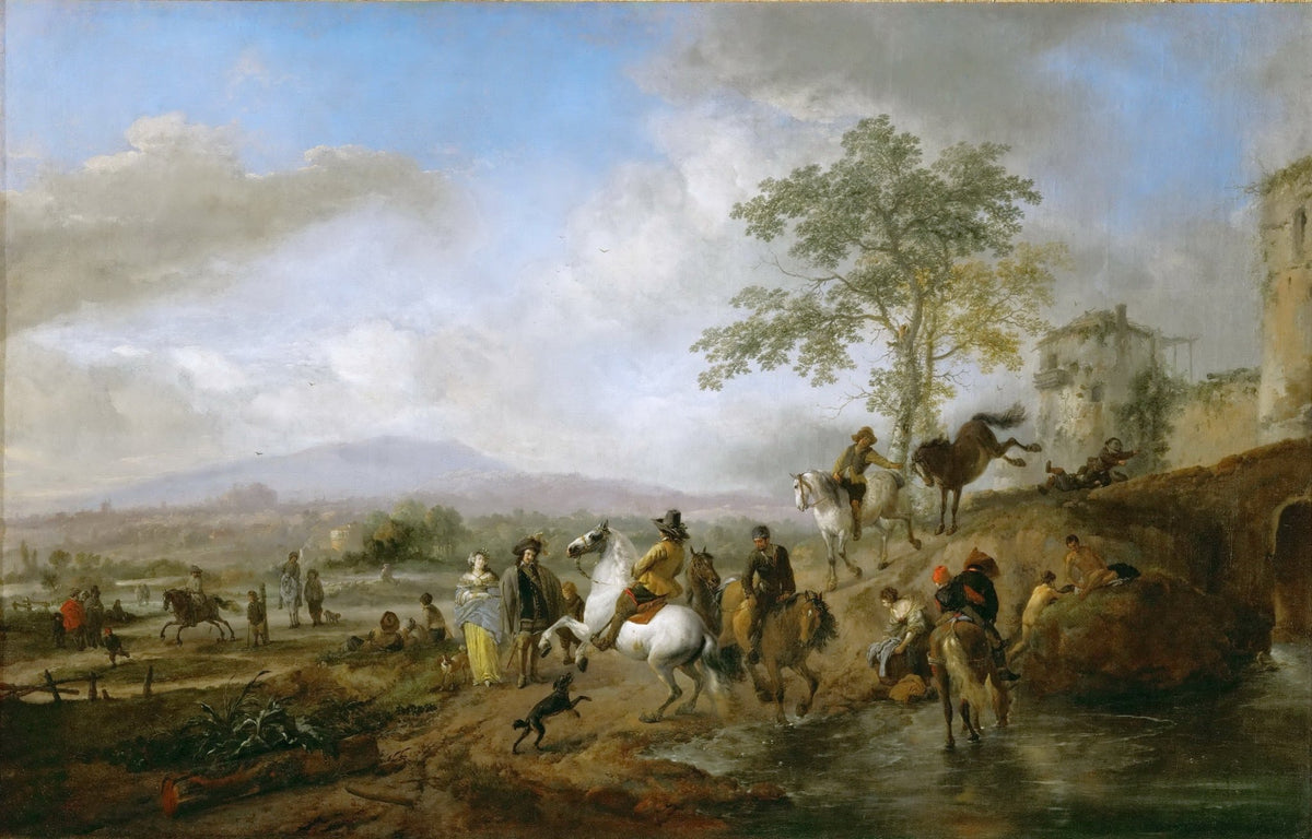 People Oil Painting - Riders and Horses at River Crossing - Oil Painting Haven