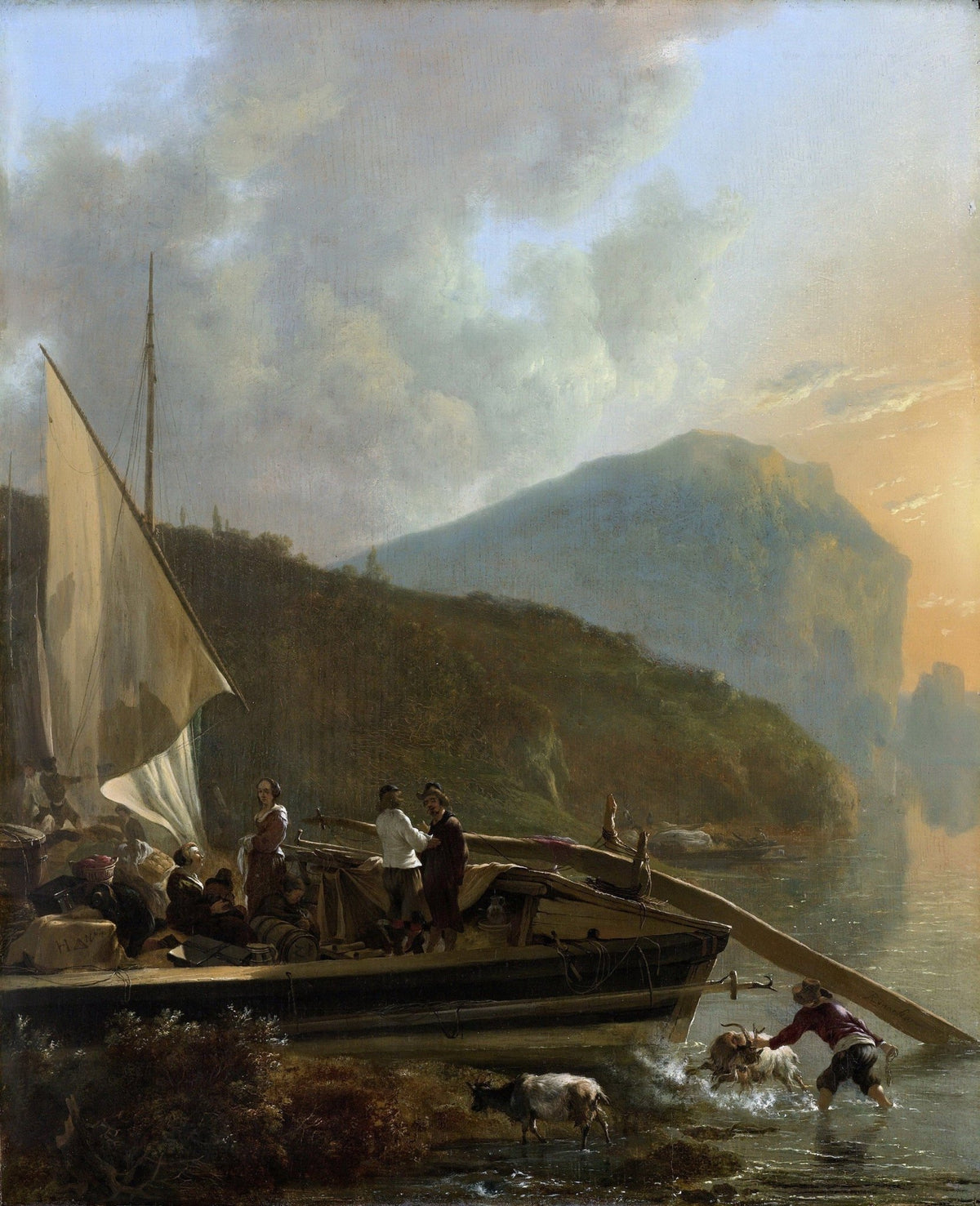 People Oil Painting - River Boat Scene with Figures at Sunset - Oil Painting Haven