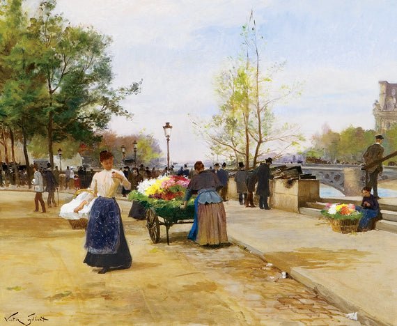 People Oil Painting - Riverside Flower Market Wall Art - Oil Painting Haven