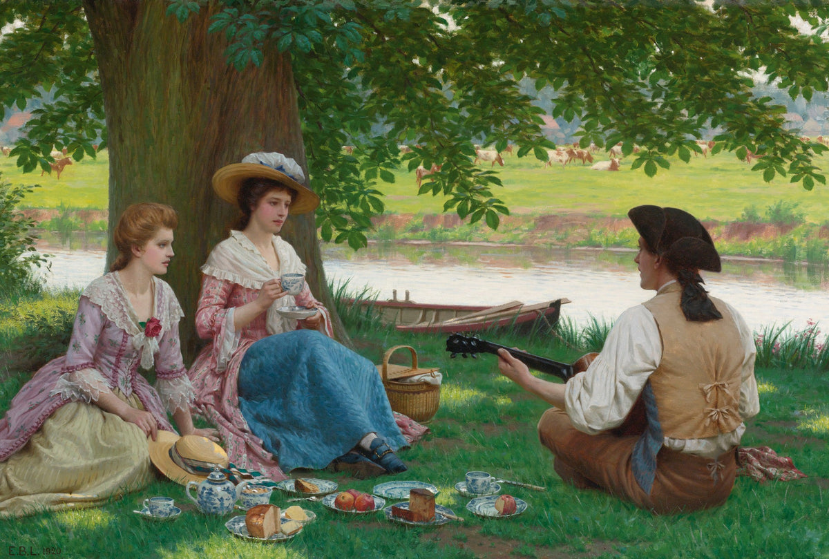 People Oil Painting - Riverside Picnic with Music Scene - Oil Painting Haven