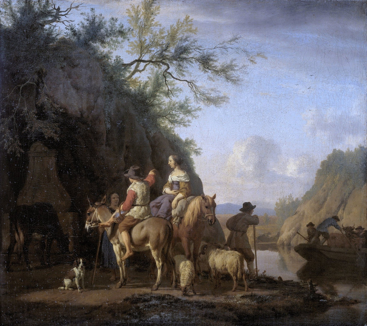 People Oil Painting - Riverside Travelers with Horses Scene - Oil Painting Haven