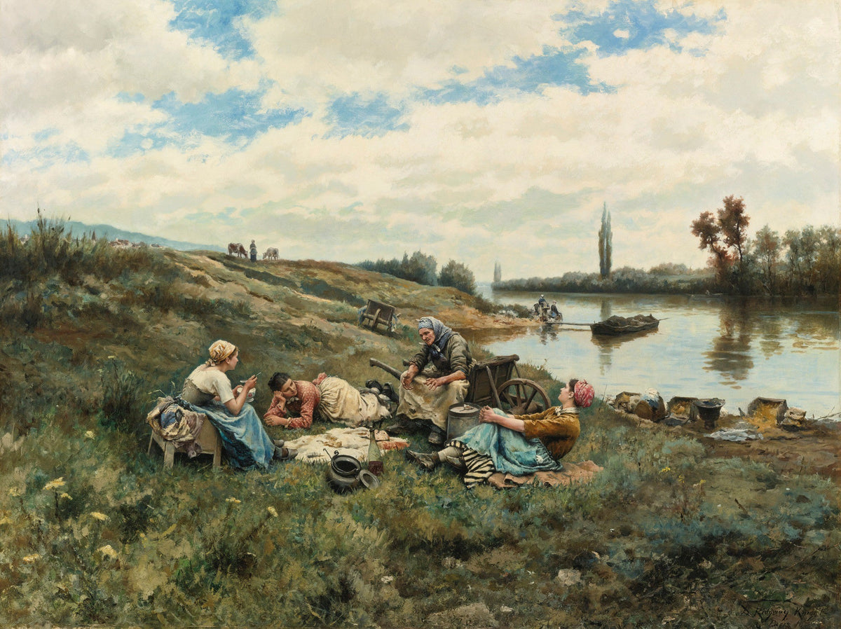 People Oil Painting - Riverside Workers Resting Scene - Oil Painting Haven