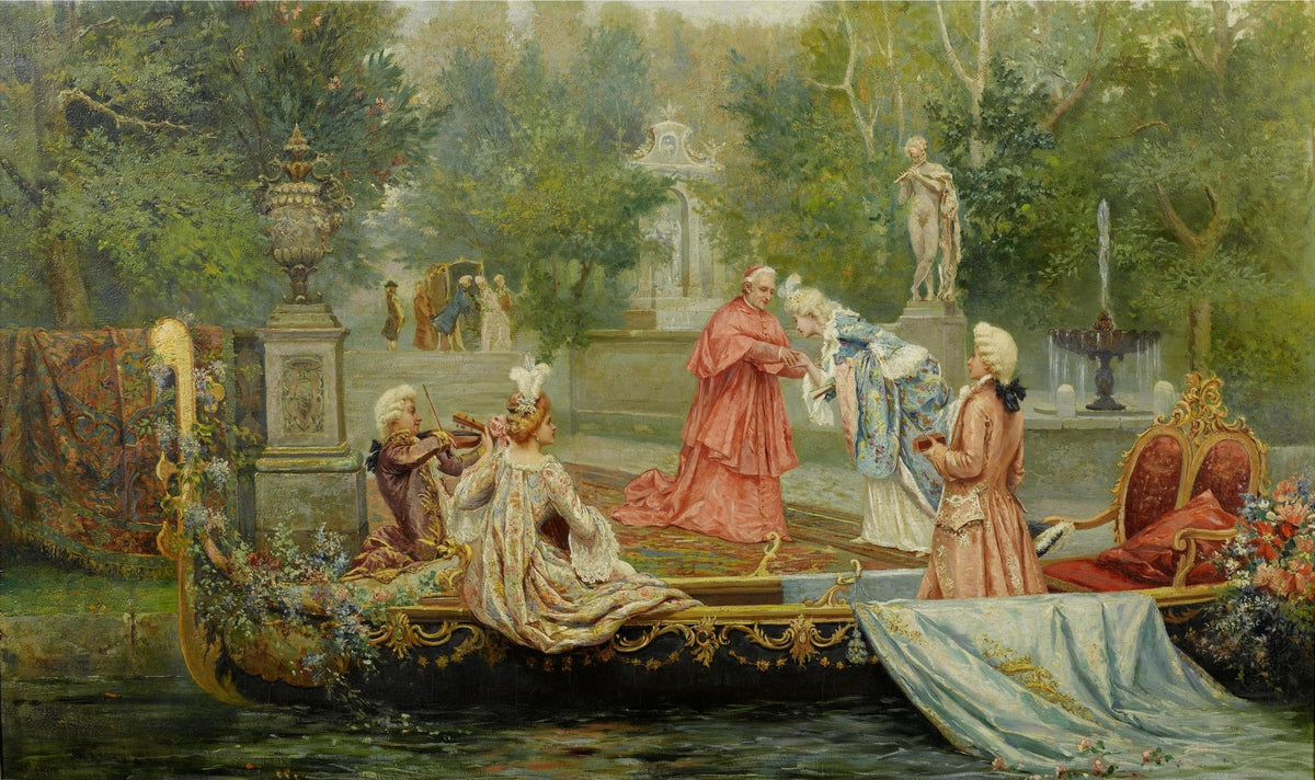 People Oil Painting - Rococo Court Scene on a Garden Barge - Oil Painting Haven