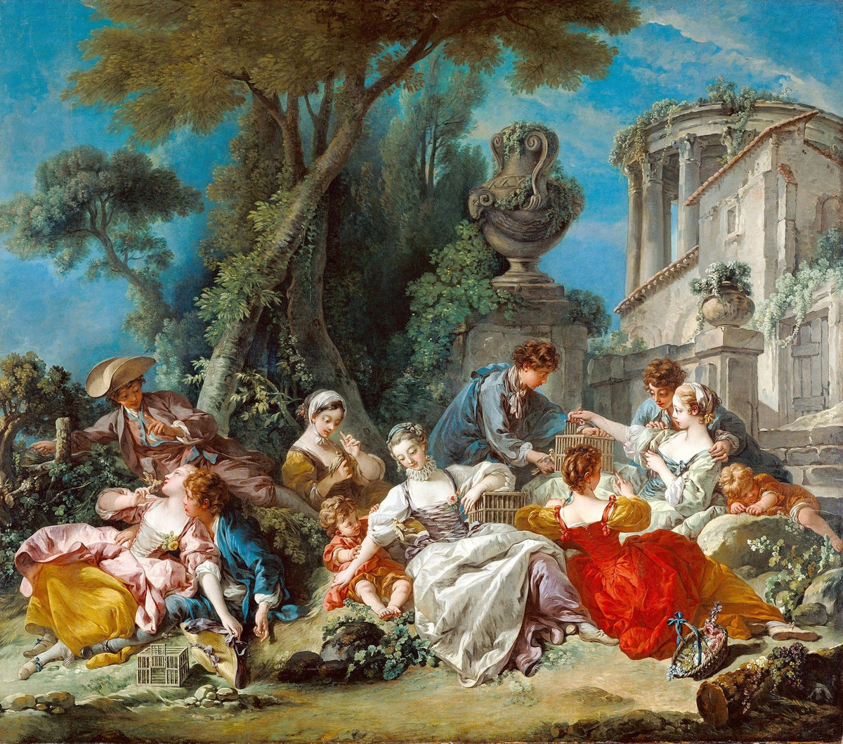 People Oil Painting - Rococo Garden Scene with Children and Birds - Oil Painting Haven