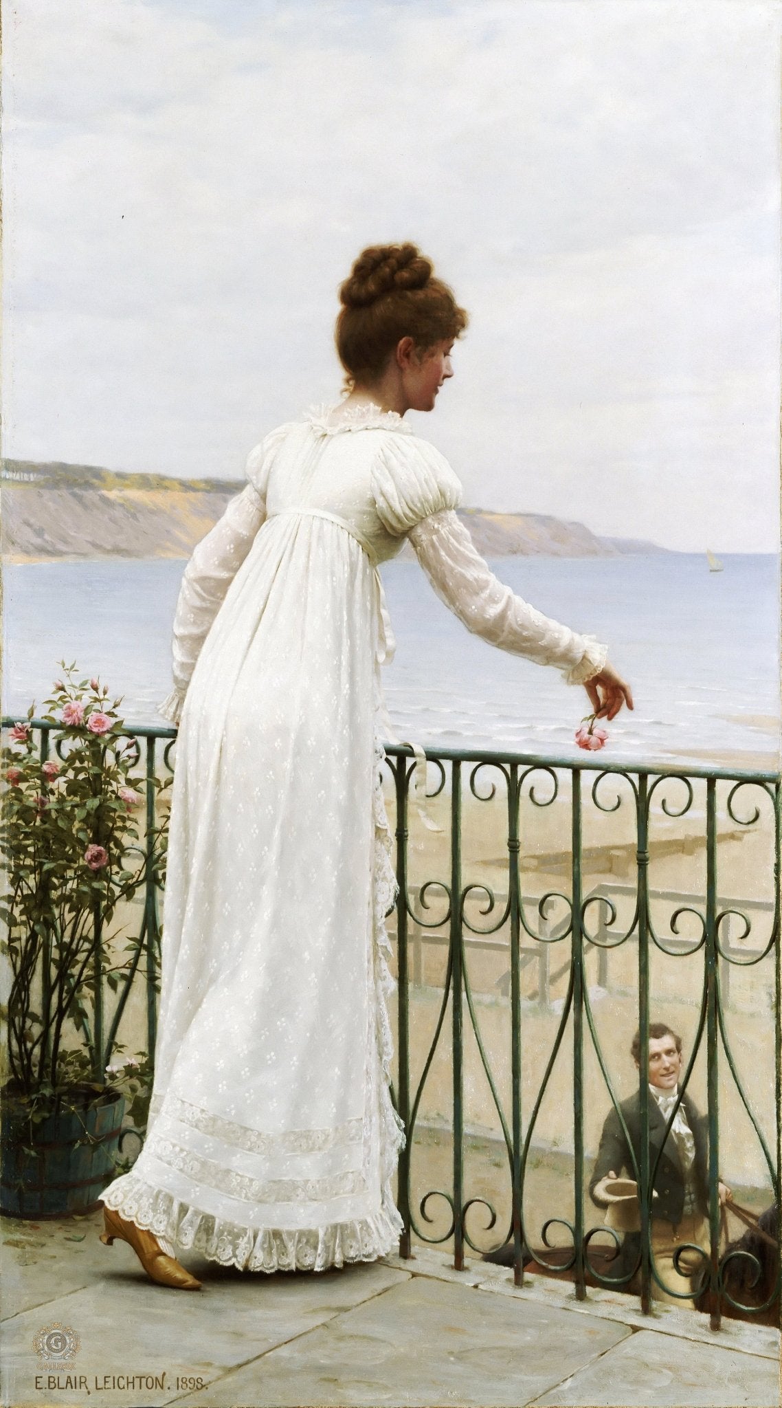 People Oil Painting - Romantic Balcony Lady by Seaside View - Oil Painting Haven