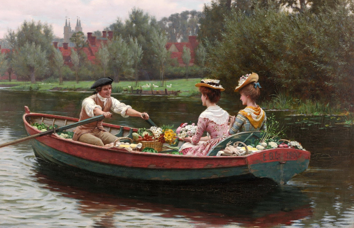 People Oil Painting - Romantic Boat Ride with Flowers Scene - Oil Painting Haven