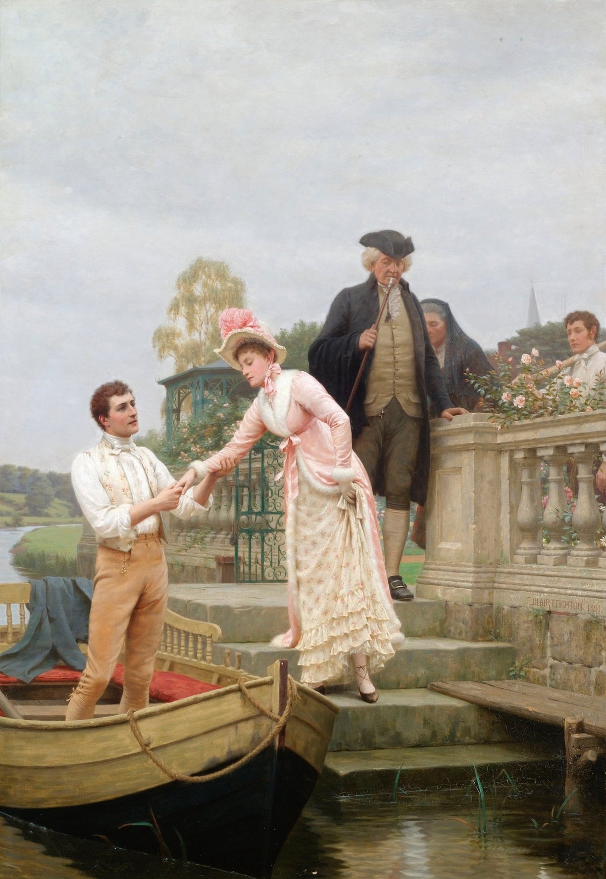 People Oil Painting - Romantic Couple by Riverside Boat Scene - Oil Painting Haven