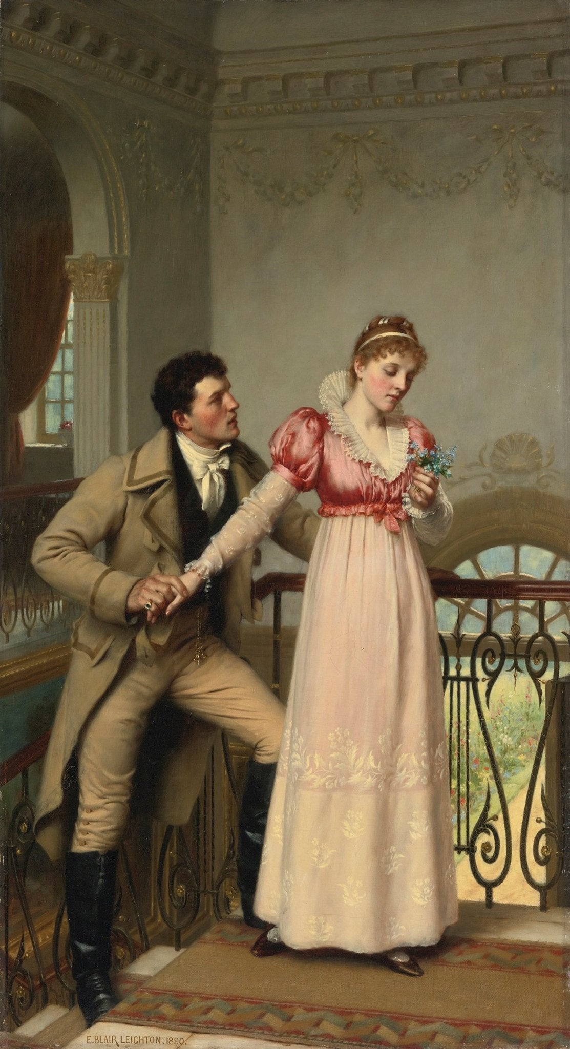 People Oil Painting - Romantic Couple on Balcony Interior - Oil Painting Haven