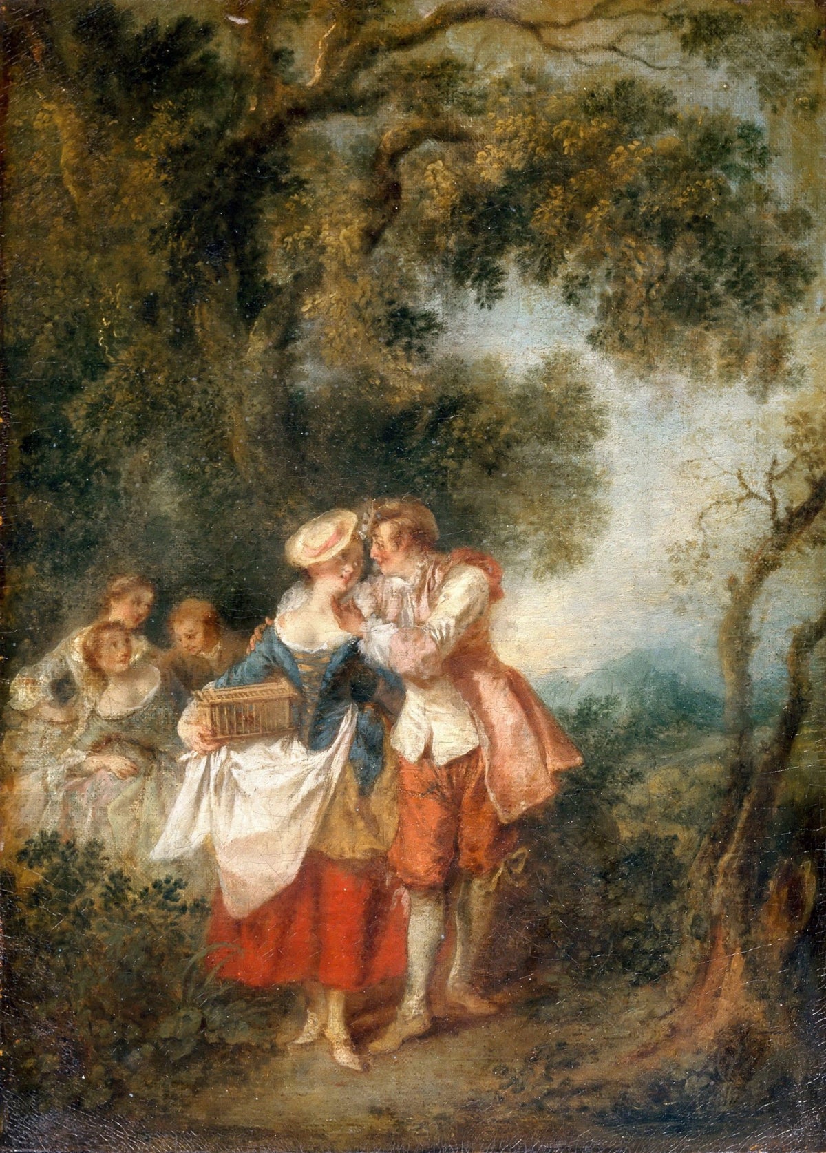 People Oil Painting - Romantic Garden Couple with Bird Cage - Oil Painting Haven