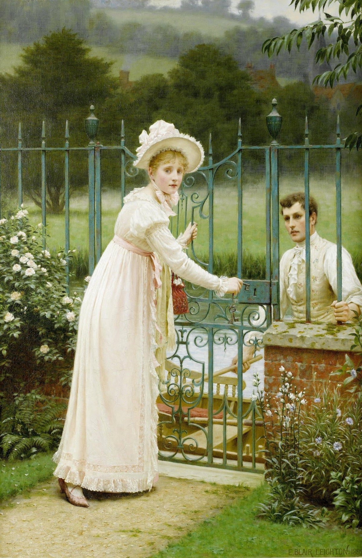 People Oil Painting - Romantic Meeting at Garden Gate Scene - Oil Painting Haven