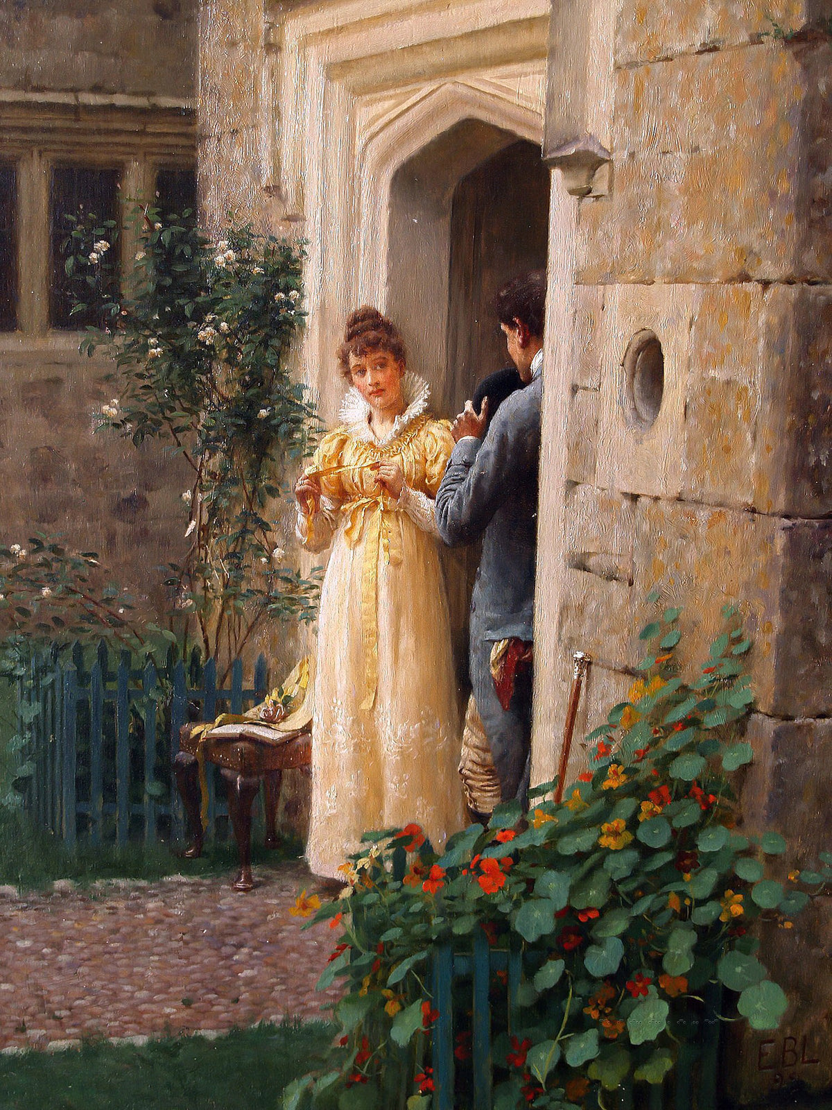 People Oil Painting - Romantic Scene at Garden Doorway - Oil Painting Haven