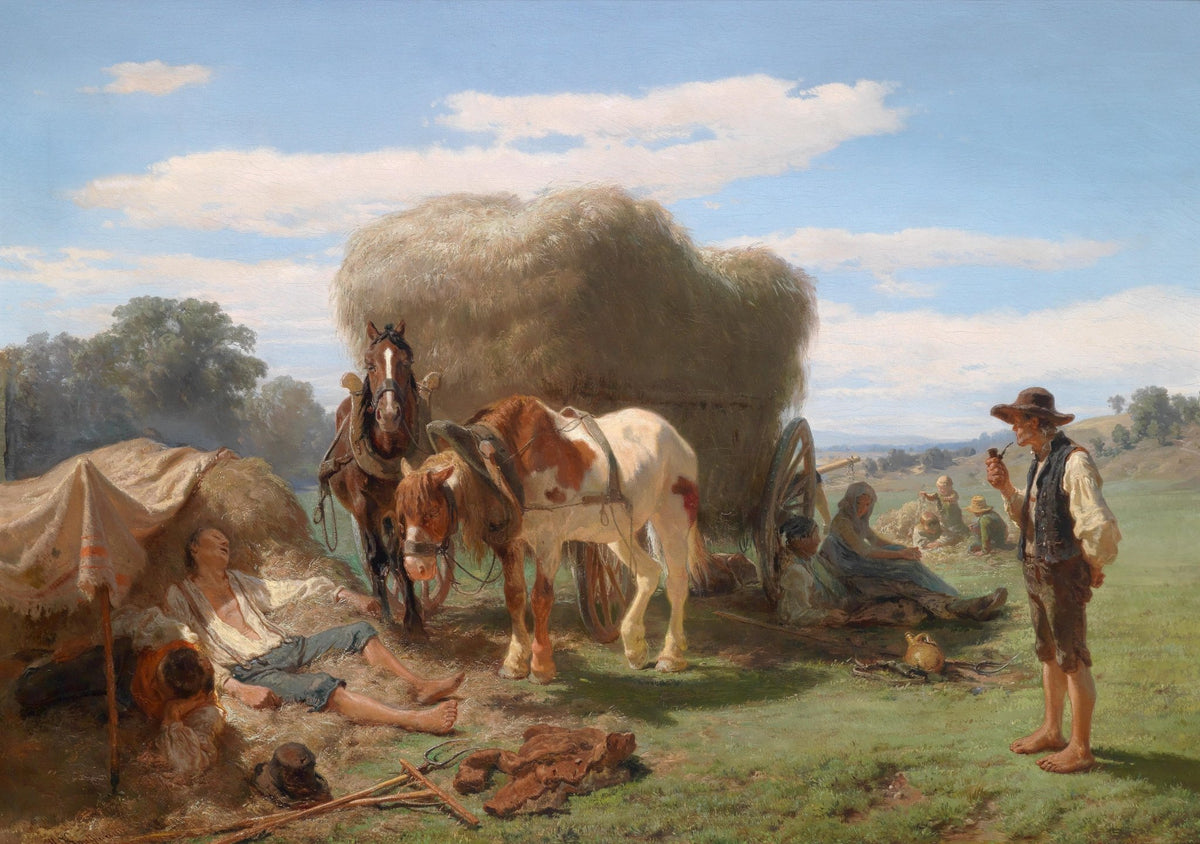 People Oil Painting - Rural Harvest Scene with Horses and Workers - Oil Painting Haven
