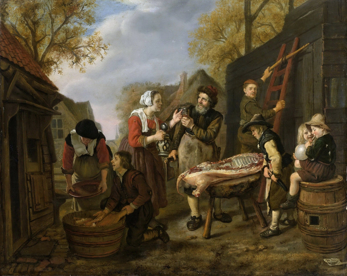 People Oil Painting - Rustic Butcher Scene with Village Figures - Oil Painting Haven