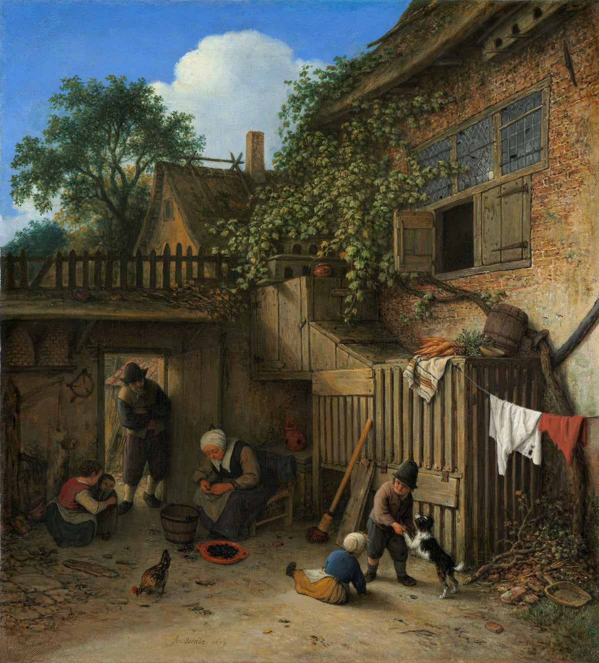 People Oil Painting - Rustic Courtyard Family Life Scene - Oil Painting Haven