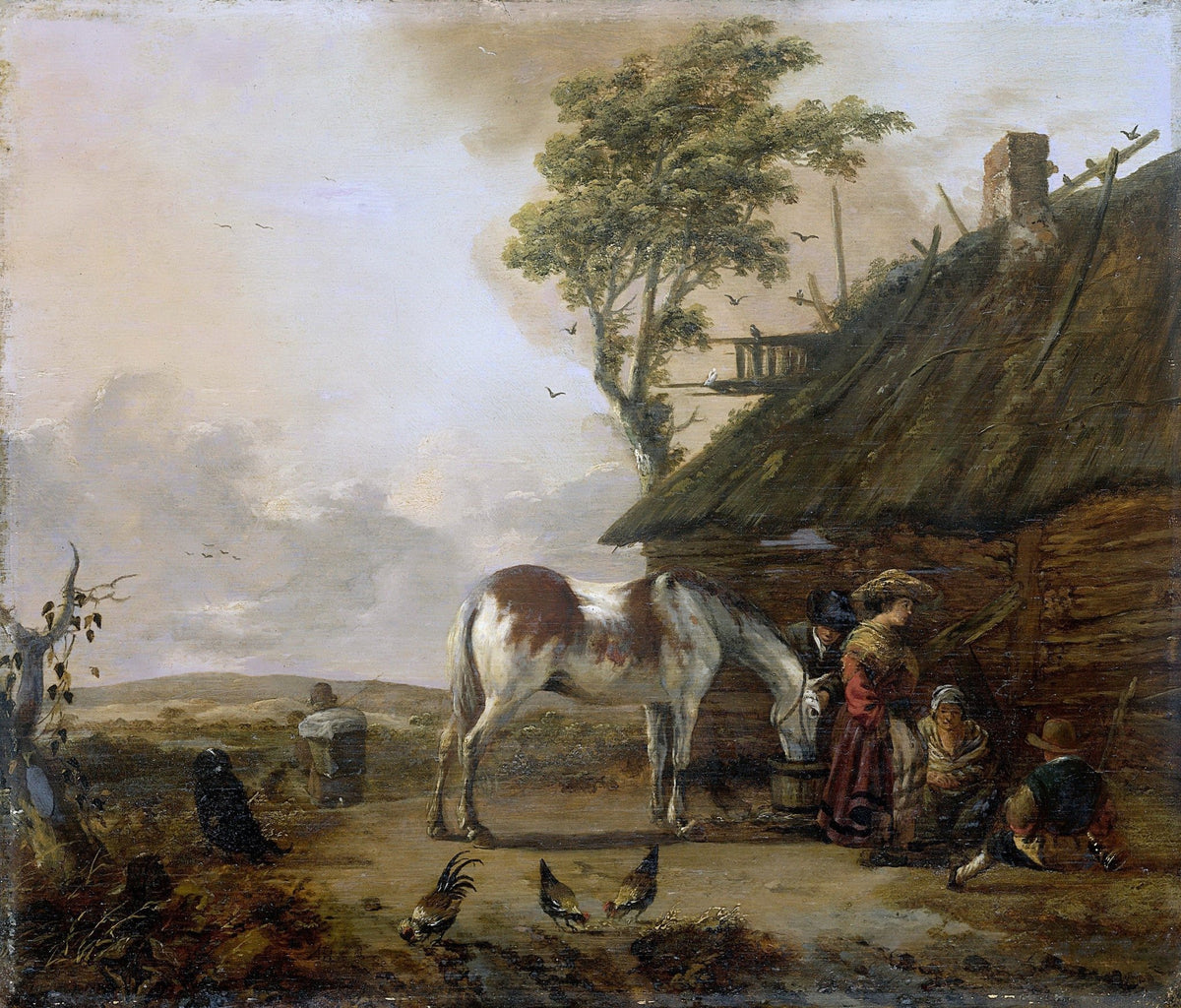 People Oil Painting - Rustic Farm Scene with Horse and Figures - Oil Painting Haven